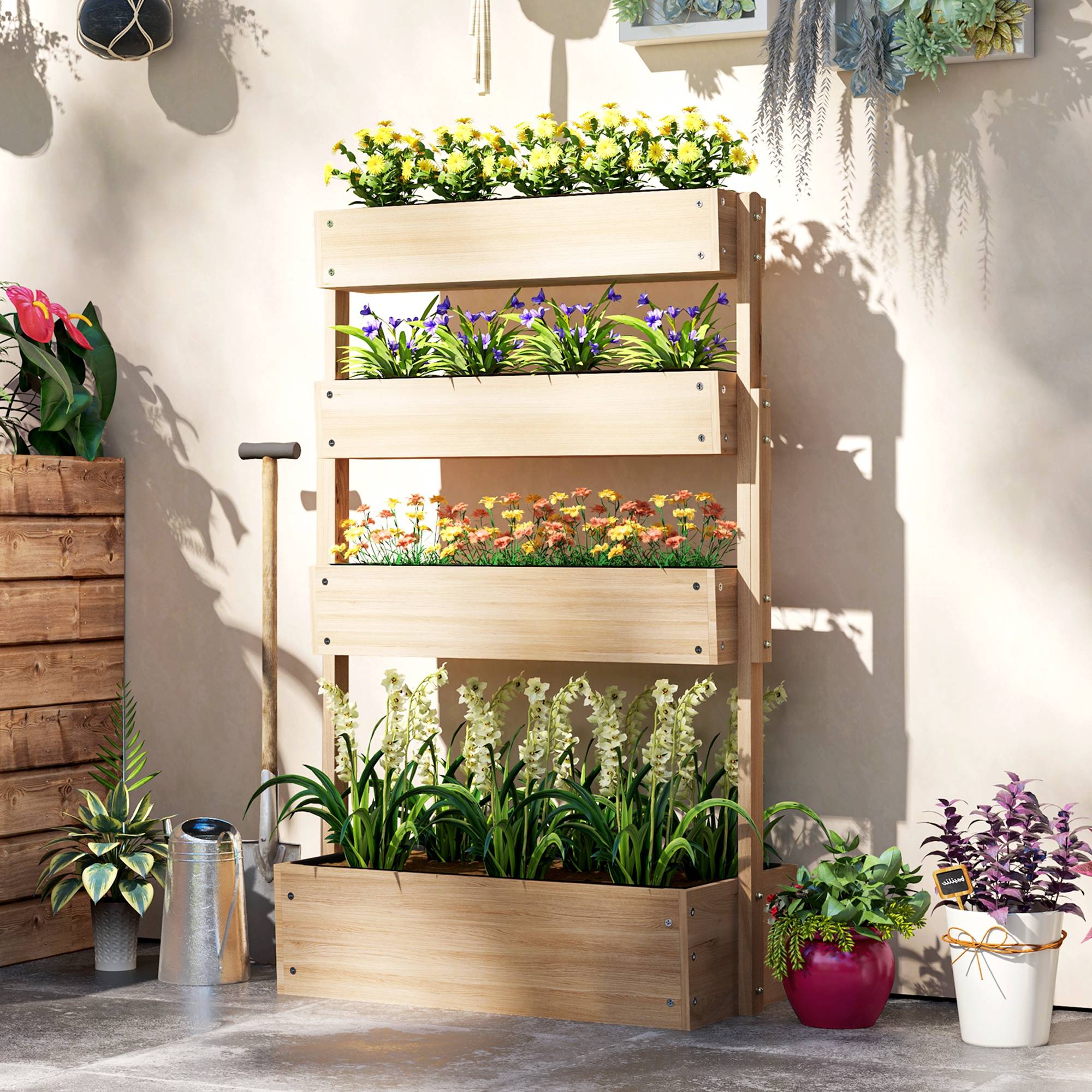 Outsunny - Jardinière surélevée 4 étages avec escalier fleurs, doublure, trous de drainage pour terrasse balcon jardin bois naturel - Outsunny - Image 2