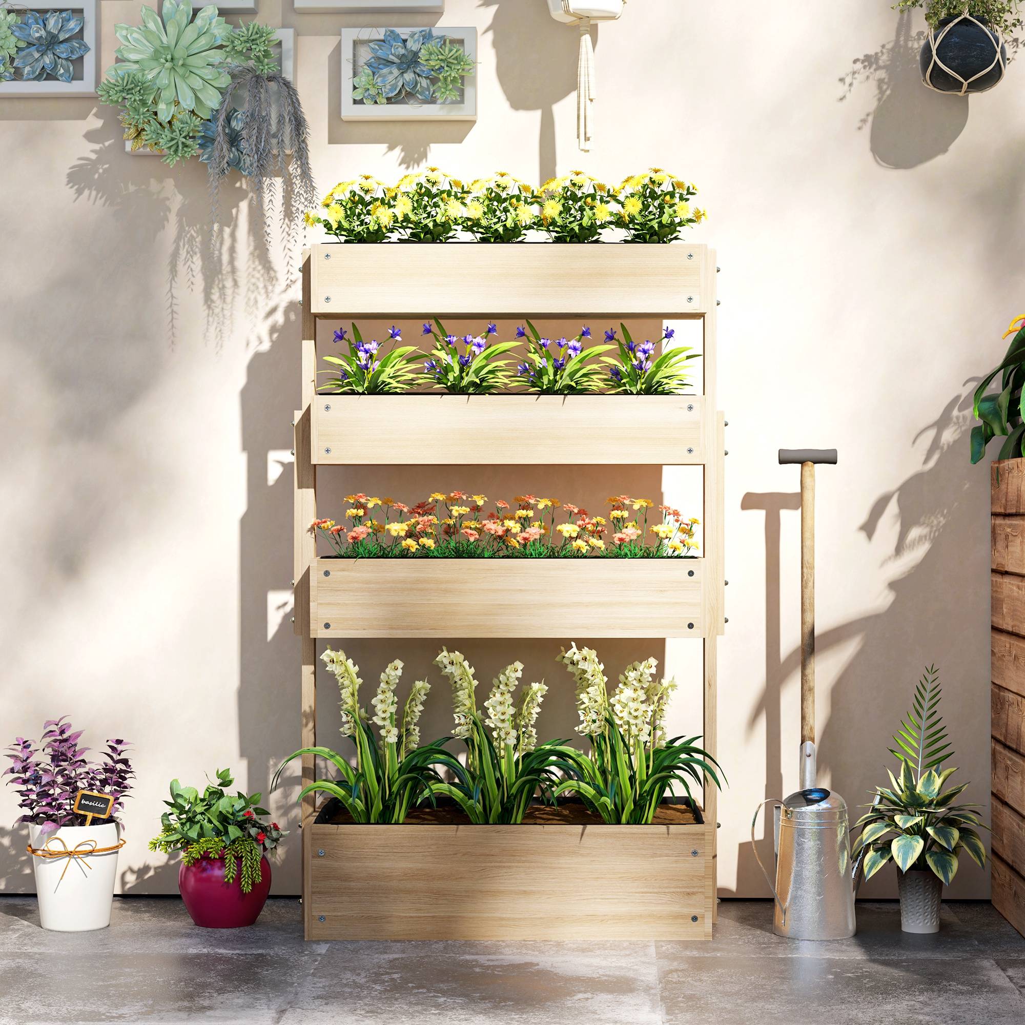Outsunny - Jardinière surélevée 4 étages avec escalier fleurs, doublure, trous de drainage pour terrasse balcon jardin bois naturel - Outsunny - Image 4