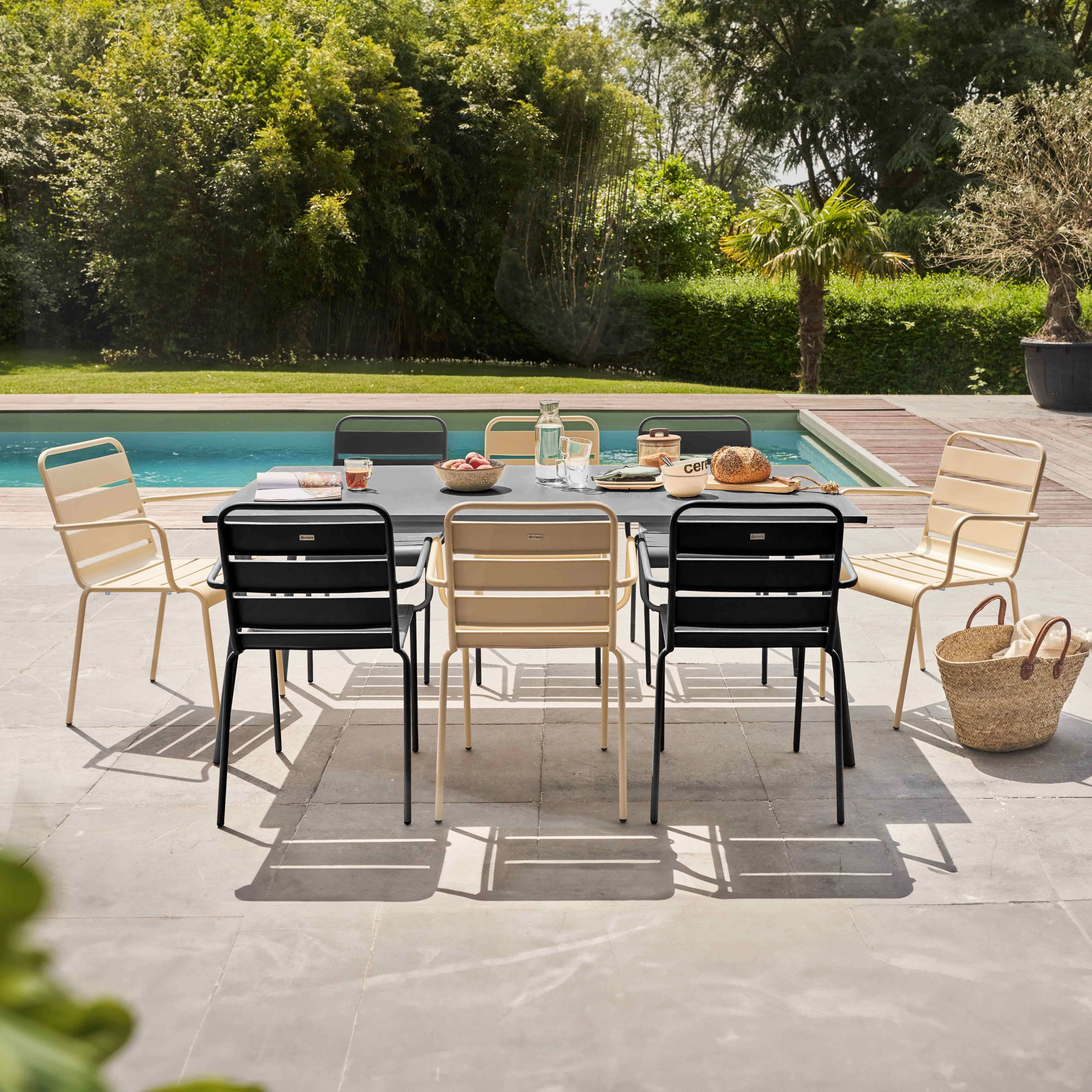 Oviala - Ensemble table de jardin et 8 fauteuils en métal ivoire et gris Palavas - Oviala - Imagen 2