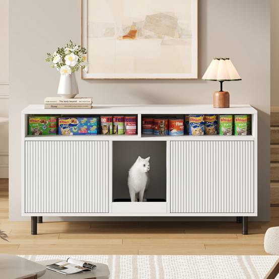 Armoire pour bac à litière MDF Blanc 120 x 50 x 66 cm avec Tapis de collecte de sable - PANGIVO - Image 3