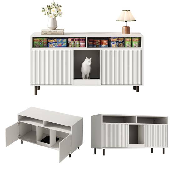 Armoire pour bac à litière MDF Blanc 120 x 50 x 66 cm avec Tapis de collecte de sable - PANGIVO - Image 5
