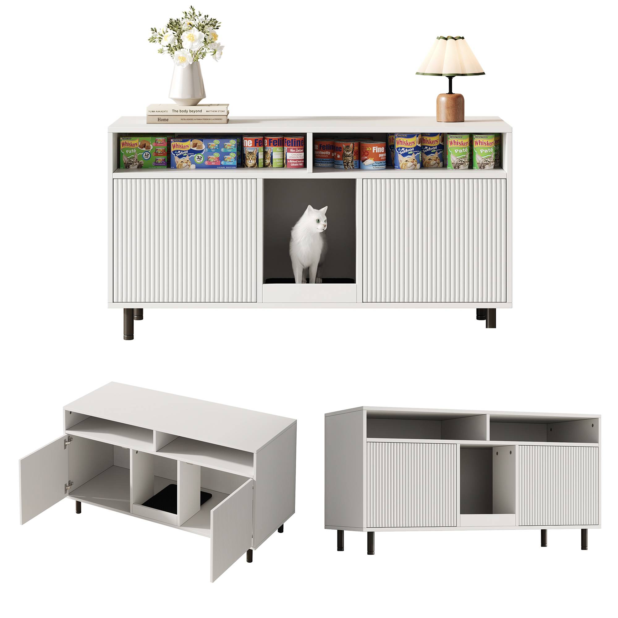 Armoire pour bac à litière MDF Blanc 120 x 50 x 66 cm avec Tapis de collecte de sable - PANGIVO - Image 5