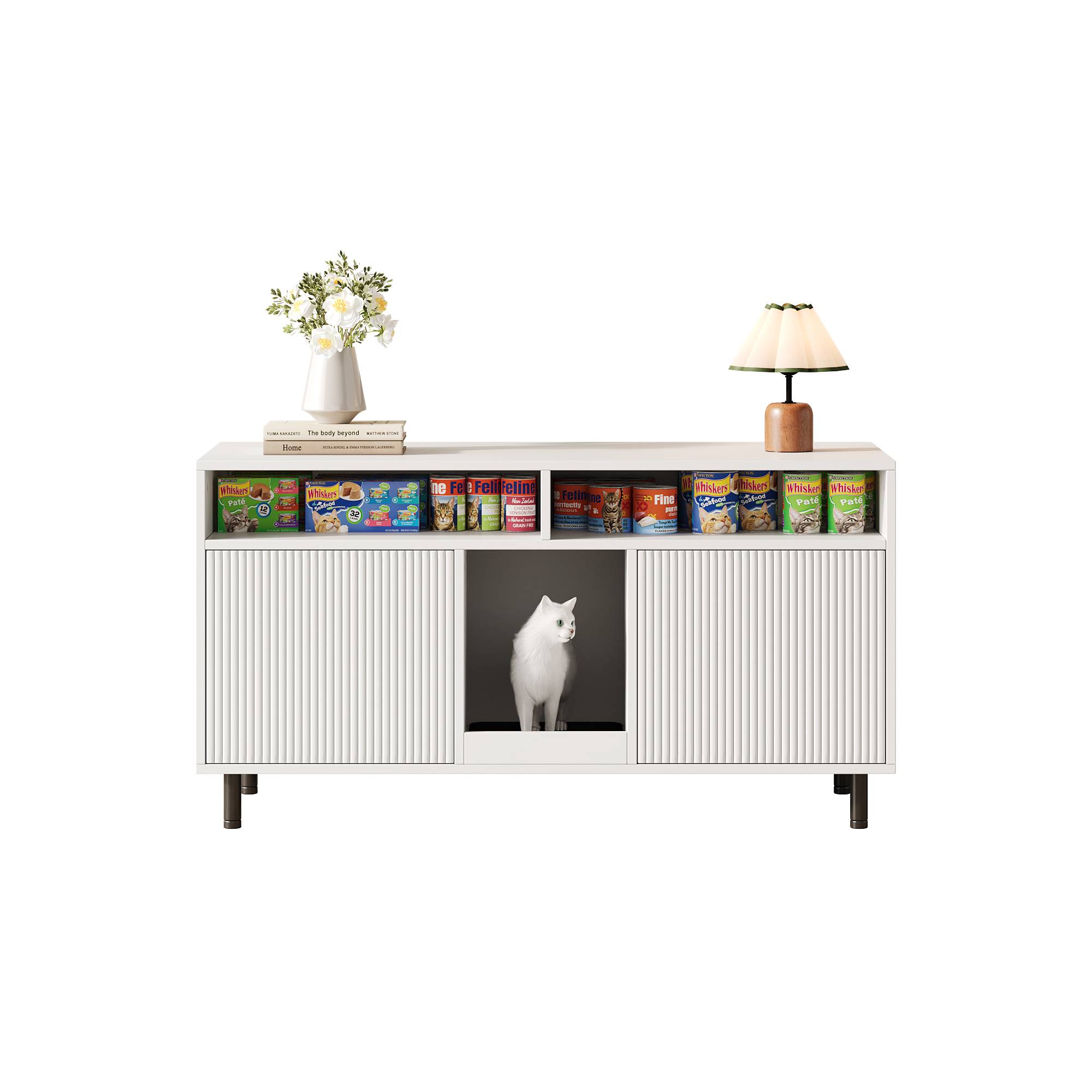 Armoire pour bac à litière MDF Blanc 120 x 50 x 66 cm avec Tapis de collecte de sable - PANGIVO - Image 8