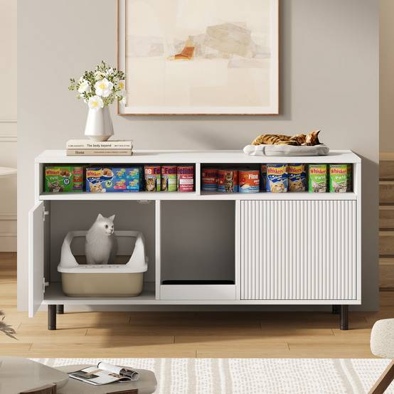 Armoire pour bac à litière MDF Blanc 120 x 50 x 66 cm avec Tapis de collecte de sable - PANGIVO - Image 1