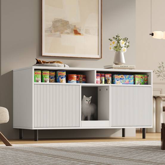 Armoire pour bac à litière MDF Blanc 120 x 50 x 66 cm avec Tapis de collecte de sable - PANGIVO - Image 4