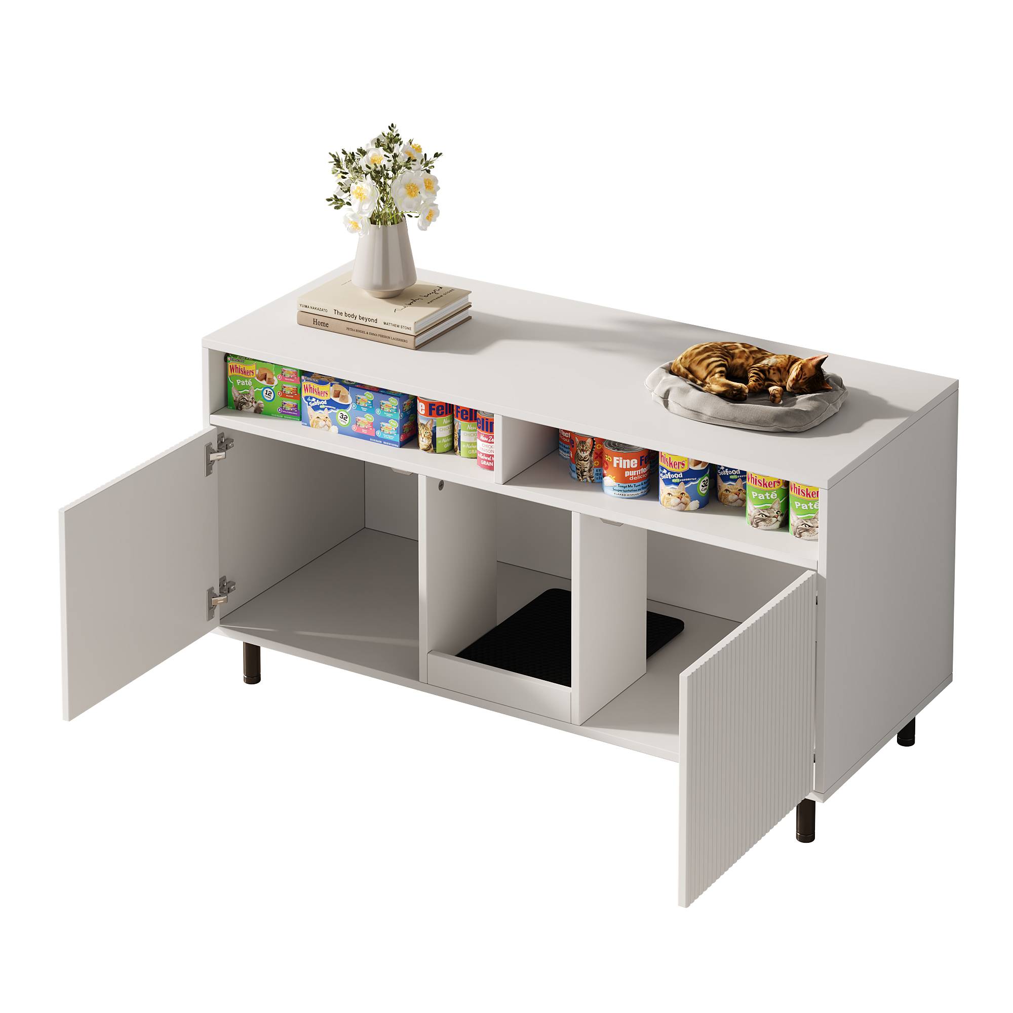 Armoire pour bac à litière MDF Blanc 120 x 50 x 66 cm avec Tapis de collecte de sable - PANGIVO - Image 7
