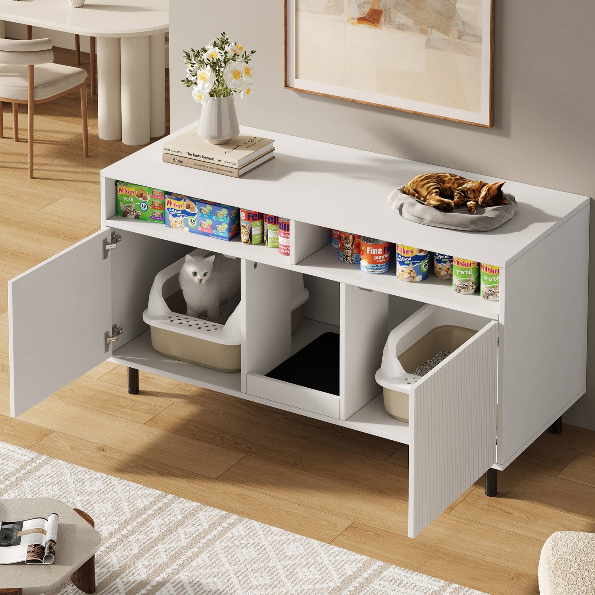 Armoire pour bac à litière MDF Blanc 120 x 50 x 66 cm avec Tapis de collecte de sable - PANGIVO - Image 2