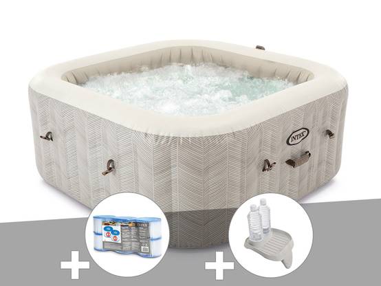 Kit spa gonflable Intex PureSpa Chevron carré Bulles 6 places + 6 filtres + Porte-verre