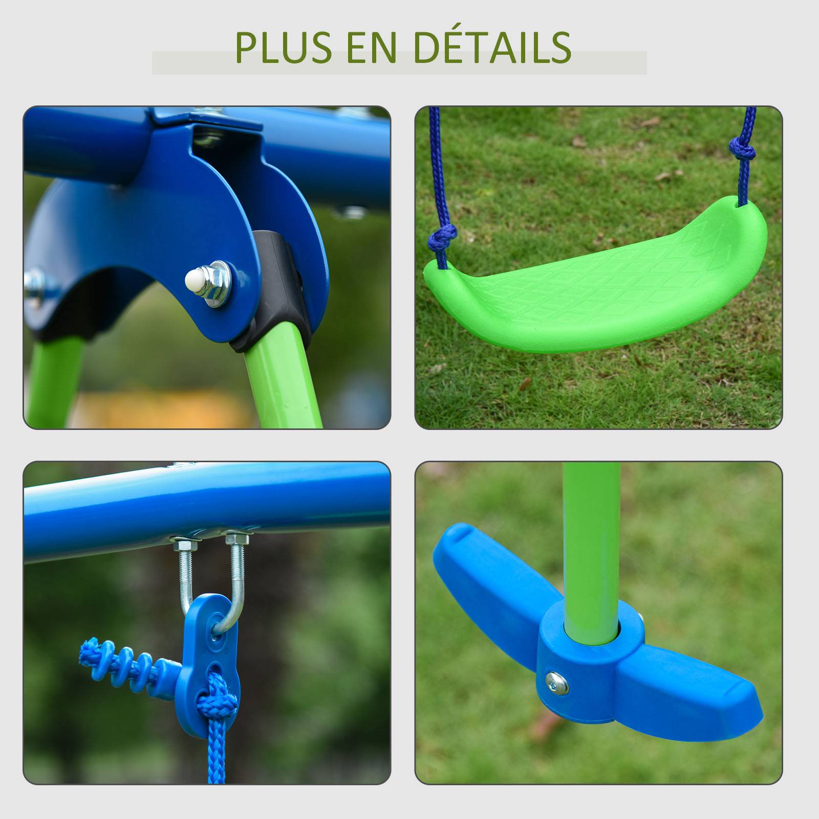 Outsunny - Balançoire 3 agrès portique avec 2 balançoires et face à face dim. 2,8L x 1,4l x 1,78H m métal époxy anticorrosion PE vert bleu - Outsunny - Imagen 5