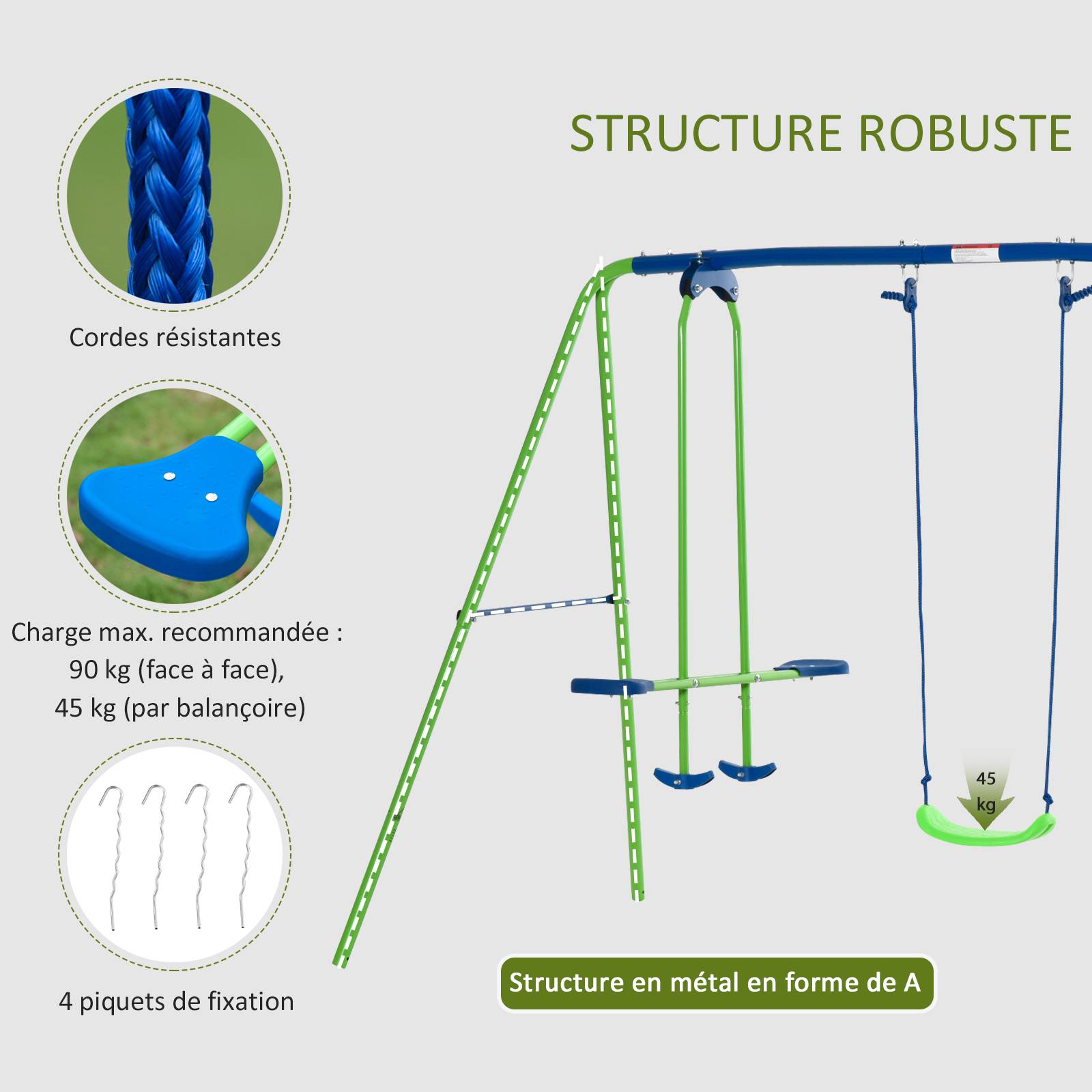 Outsunny - Balançoire 3 agrès portique avec 2 balançoires et face à face dim. 2,8L x 1,4l x 1,78H m métal époxy anticorrosion PE vert bleu - Outsunny - Imagen 4