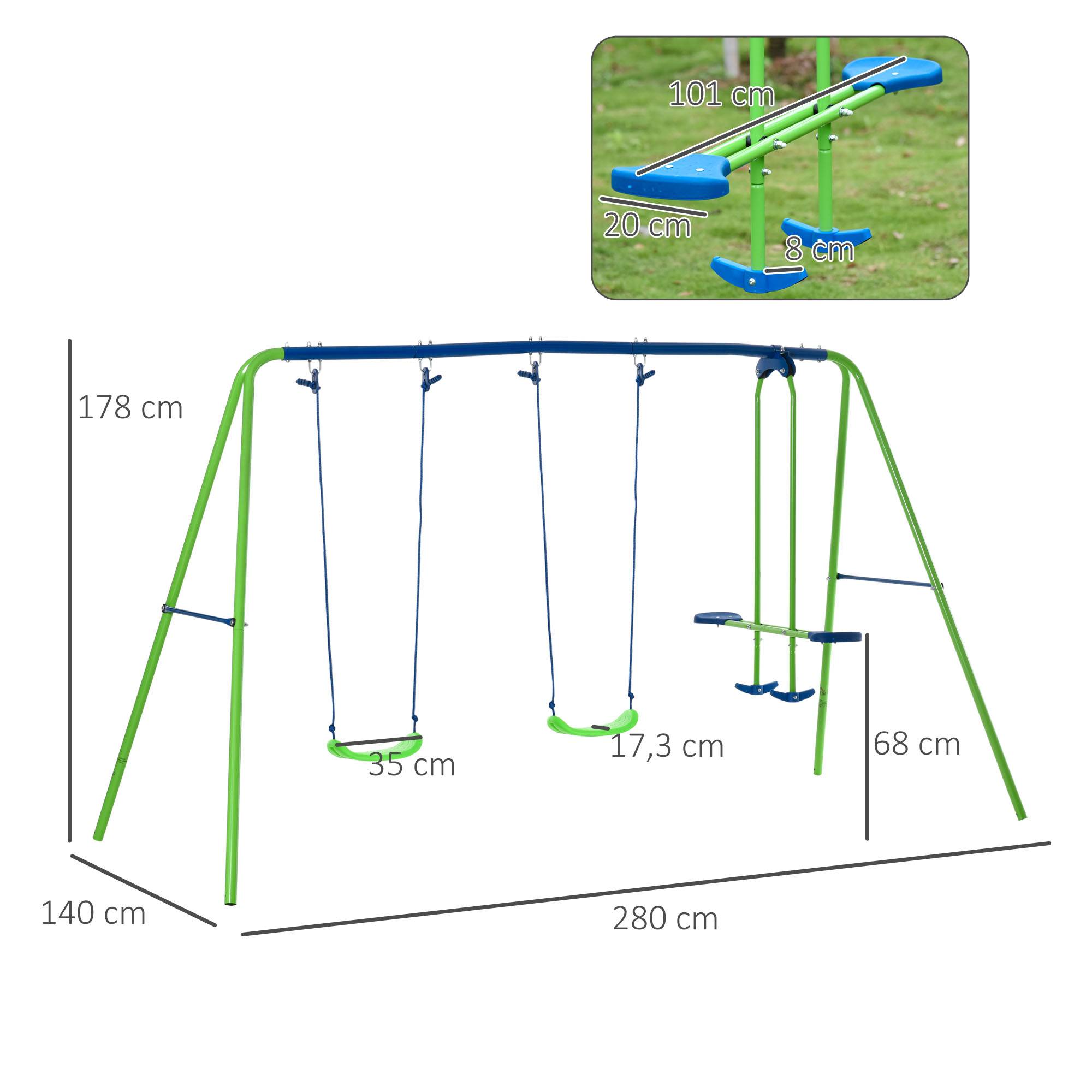 Outsunny - Balançoire 3 agrès portique avec 2 balançoires et face à face dim. 2,8L x 1,4l x 1,78H m métal époxy anticorrosion PE vert bleu - Outsunny - Imagen 3