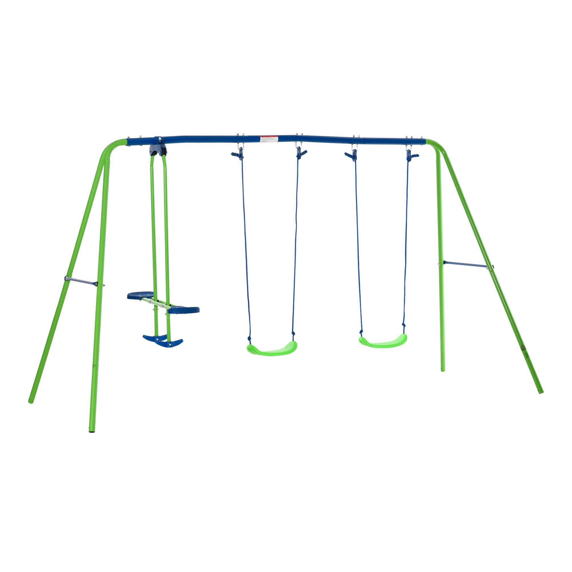 Outsunny - Balançoire 3 agrès portique avec 2 balançoires et face à face dim. 2,8L x 1,4l x 1,78H m métal époxy anticorrosion PE vert bleu - Outsunny - Imagen 1