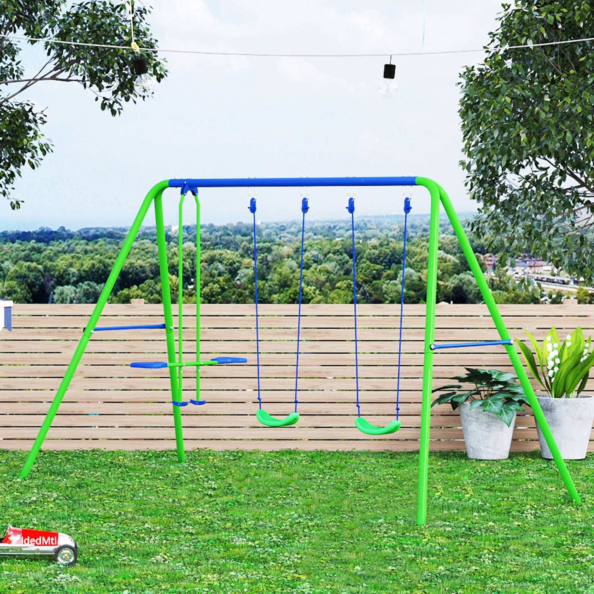 Outsunny - Balançoire 3 agrès portique avec 2 balançoires et face à face dim. 2,8L x 1,4l x 1,78H m métal époxy anticorrosion PE vert bleu - Outsunny - Imagen 2