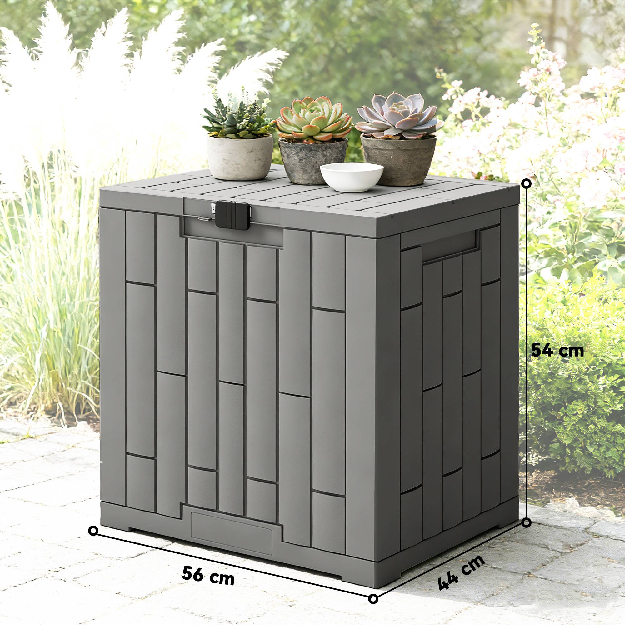 Coffre de jardin 114L résine effet bois gris balcon coussins 56x44x54cm - ComfortXL Outdoor Living - Image 5