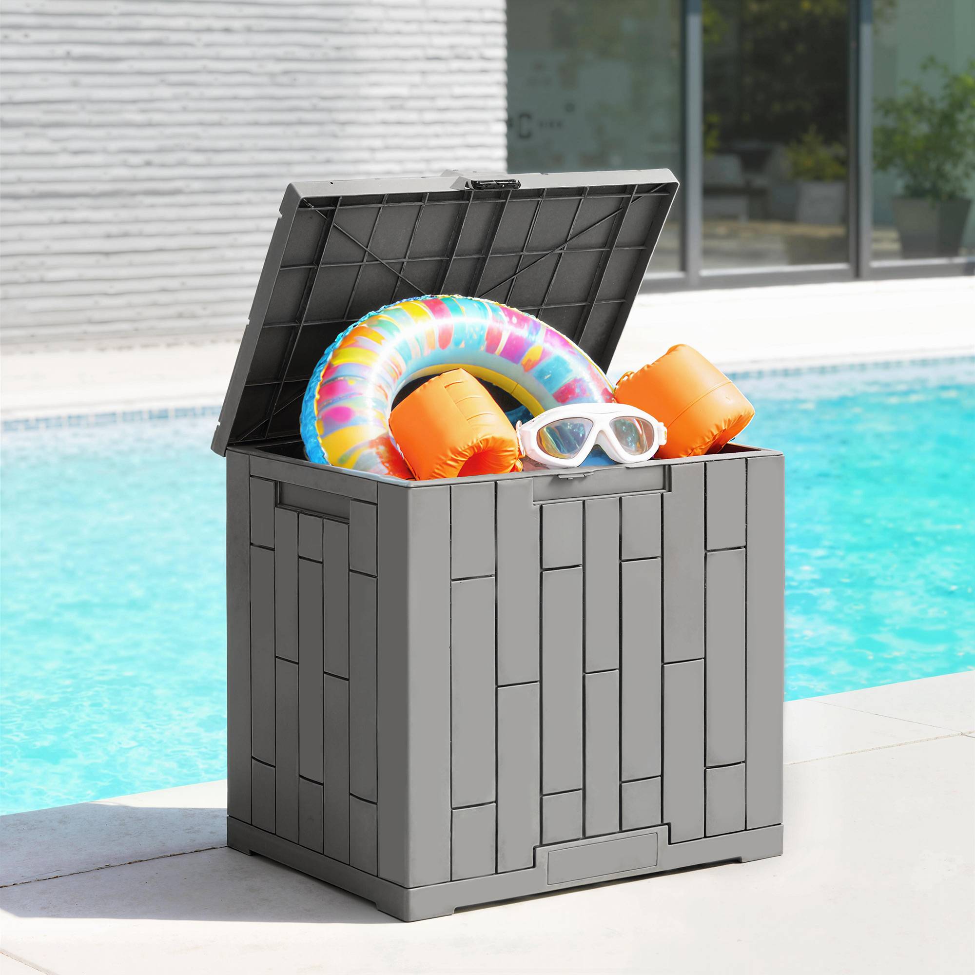 Coffre de jardin 114L résine effet bois gris balcon coussins 56x44x54cm - ComfortXL Outdoor Living - Image 10