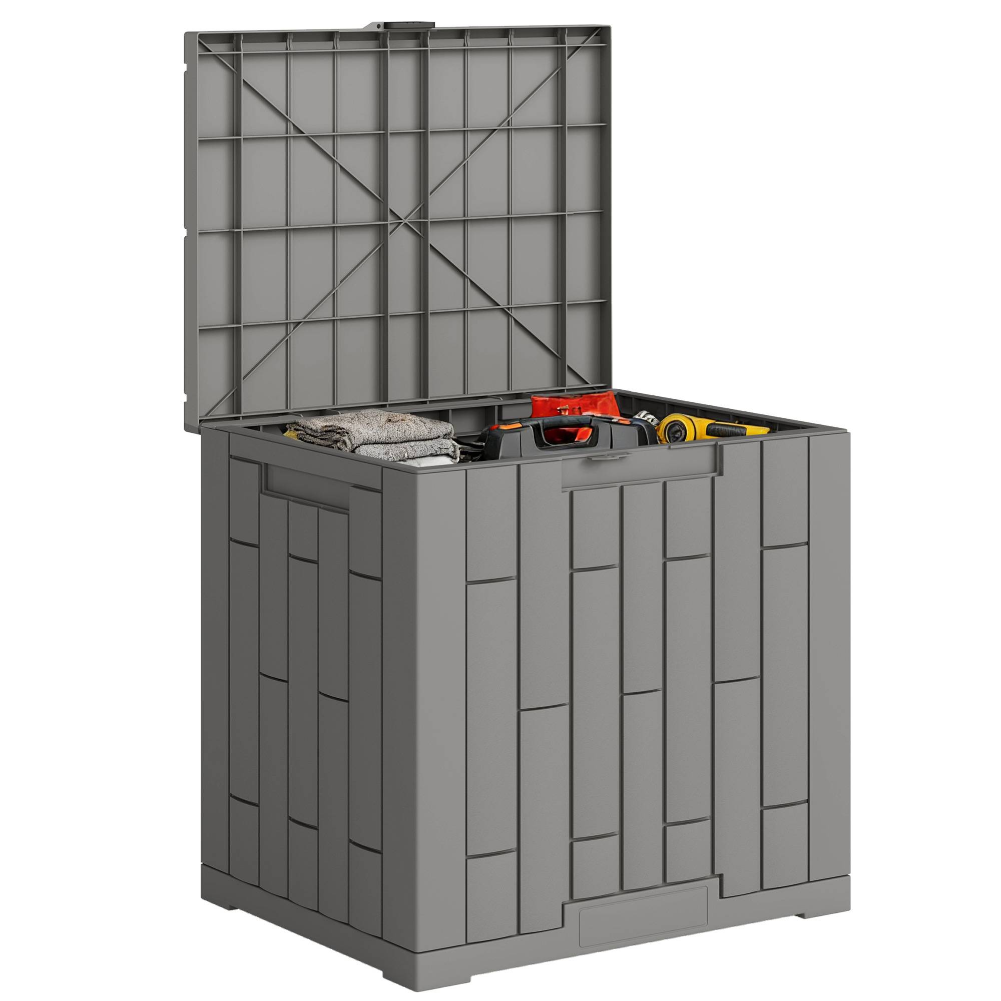 Coffre de jardin 114L résine effet bois gris balcon coussins 56x44x54cm - ComfortXL Outdoor Living - Image 1