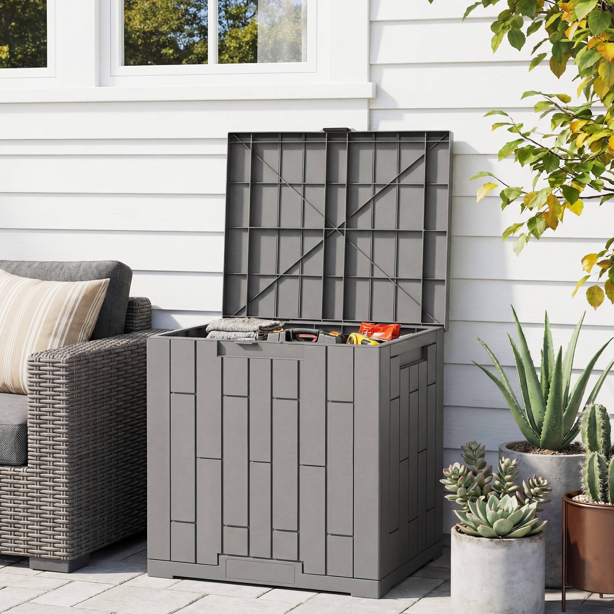 Coffre de jardin 114L résine effet bois gris balcon coussins 56x44x54cm - ComfortXL Outdoor Living - Image 3