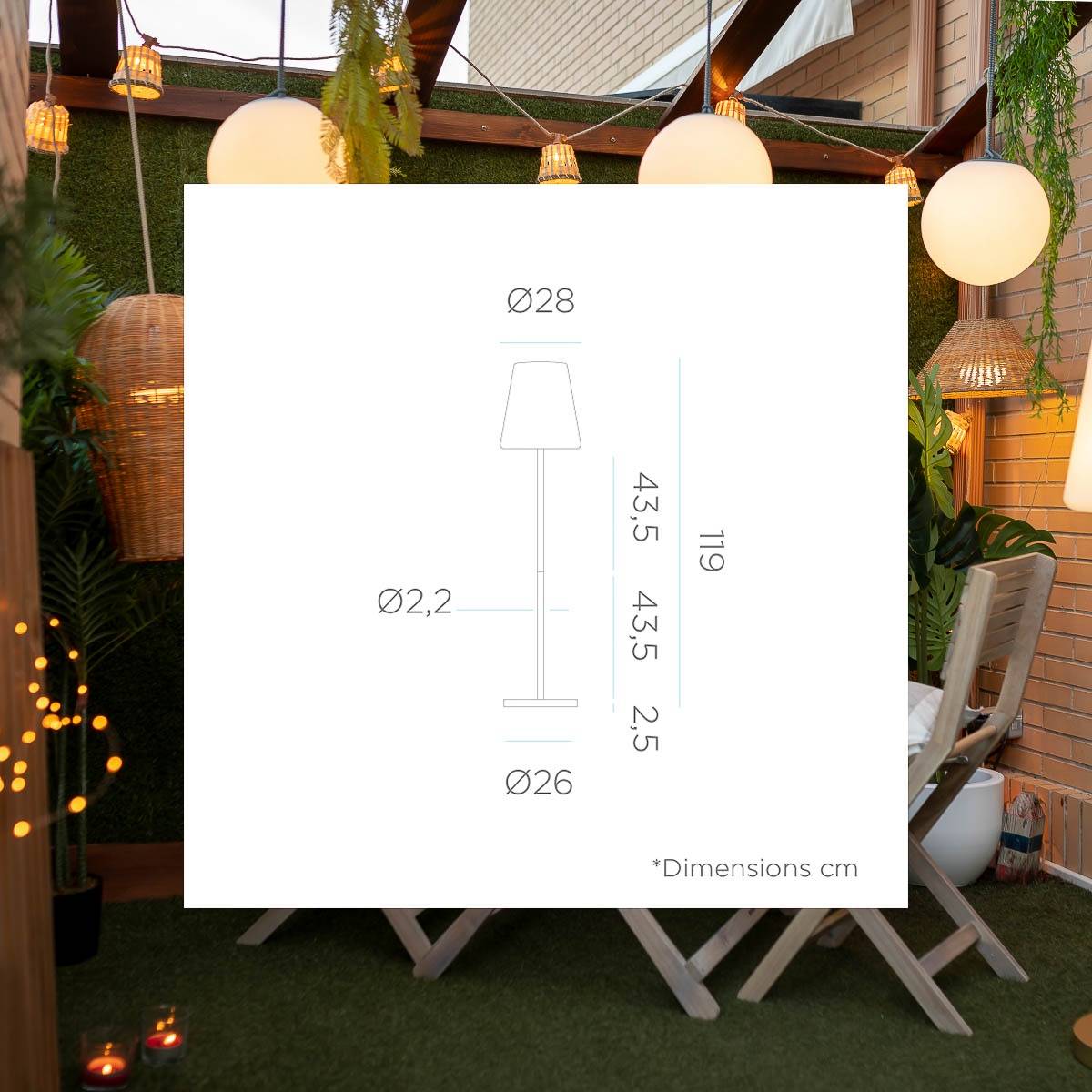 Lampadaire 120 cm de haut sans fil pour l'intérieur et l'extérieur. Lumière LED avec charge solaire ou USB. Fabriqué en Espagne. LOLA SLIM - Imagen 4