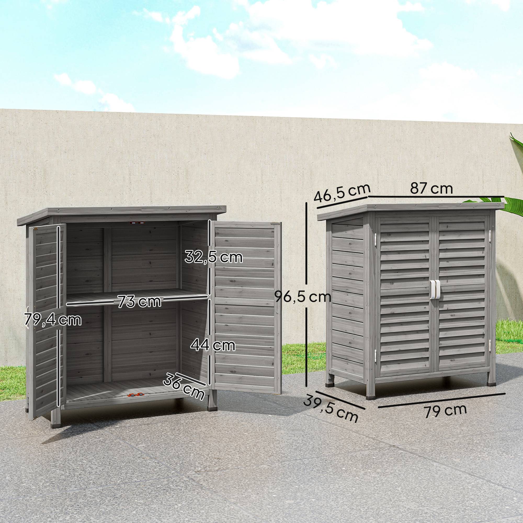 Abri de jardin en bois avec 2 étagères, 2 portes et toit incliné pour terrasse extérieure, 87 x 46,5 x 96,5 cm, gris - Image 5