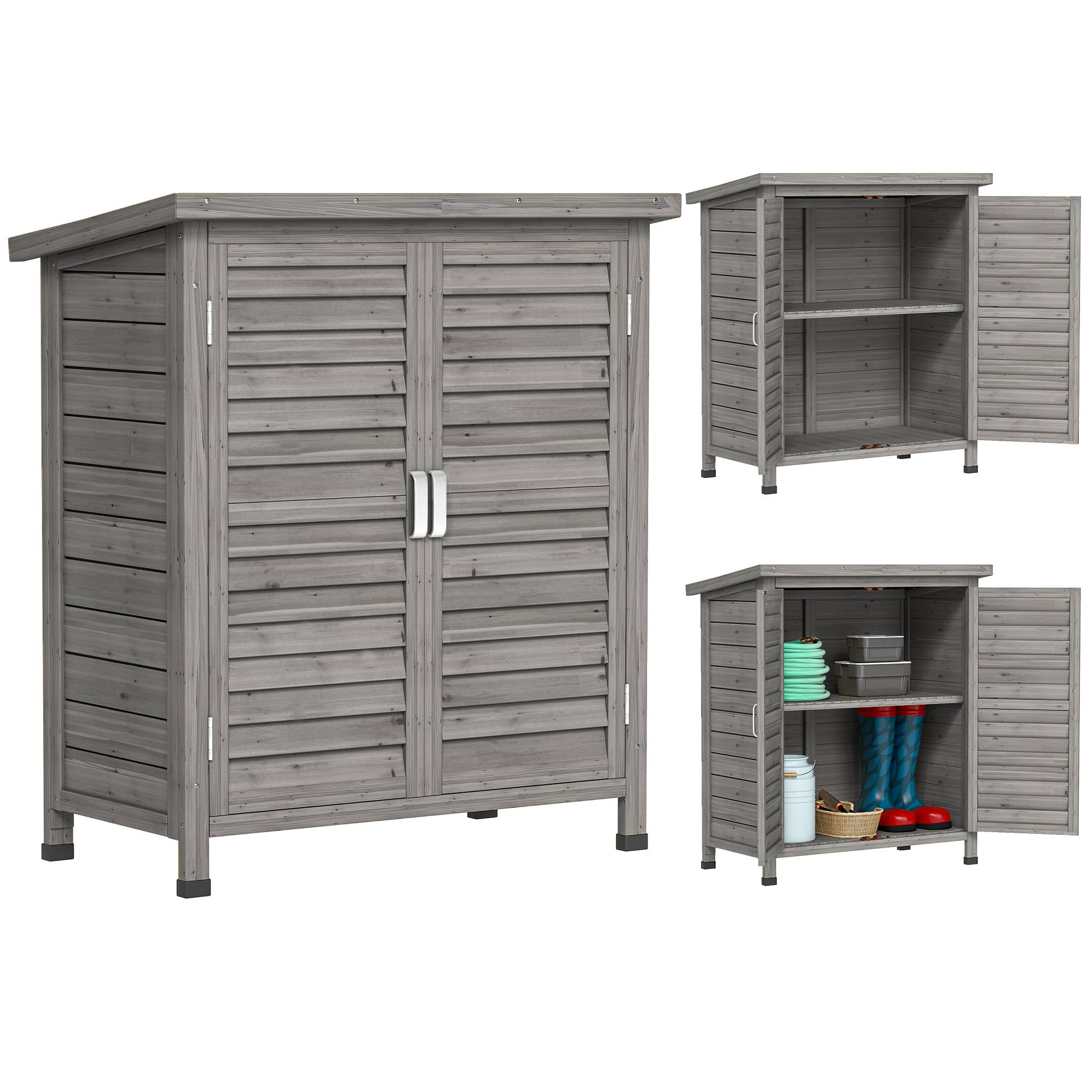 Abri de jardin en bois avec 2 étagères, 2 portes et toit incliné pour terrasse extérieure, 87 x 46,5 x 96,5 cm, gris - Image 1