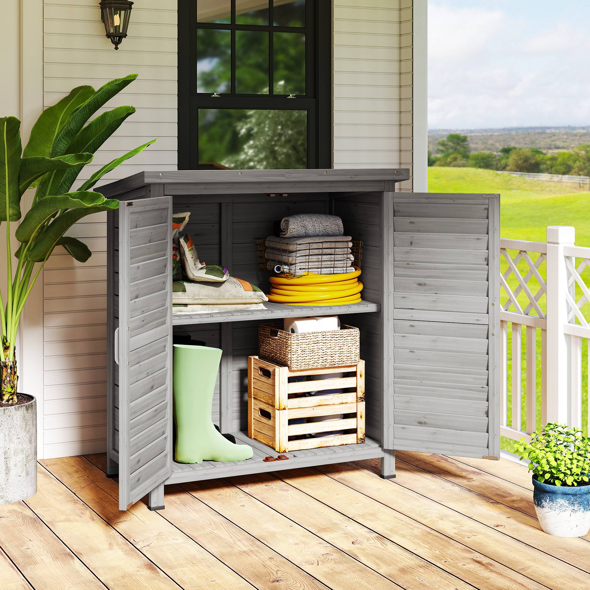 Abri de jardin en bois avec 2 étagères, 2 portes et toit incliné pour terrasse extérieure, 87 x 46,5 x 96,5 cm, gris - Image 3