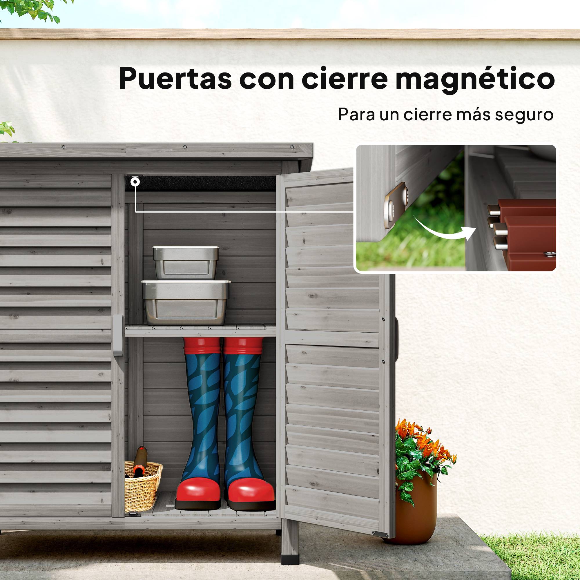 Abri de jardin en bois avec 2 étagères, 2 portes et toit incliné pour terrasse extérieure, 87 x 46,5 x 96,5 cm, gris - Image 8