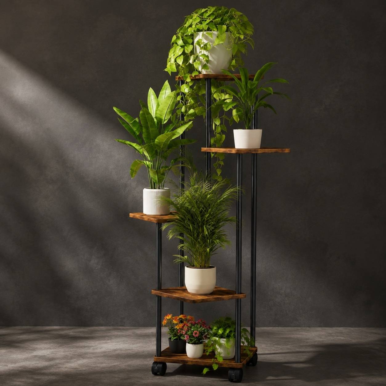 Étagère à plantes d'intérieur 5 niveaux roues amovibles, rangement stable facile à nettoyer - Image 8