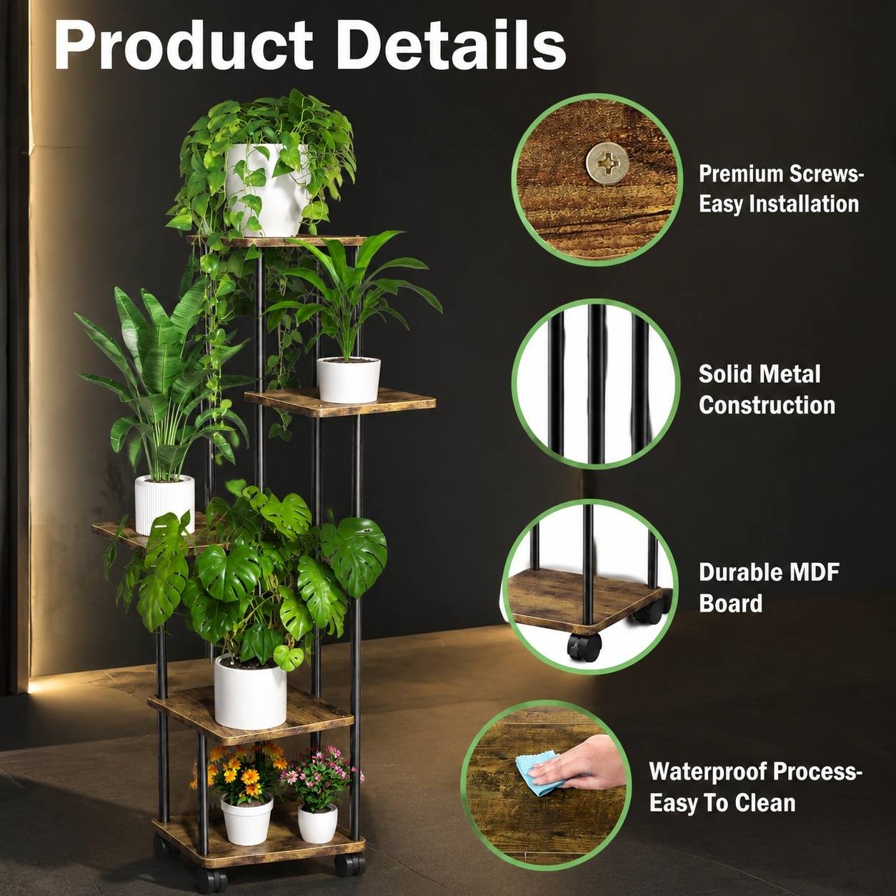 Étagère à plantes d'intérieur 5 niveaux roues amovibles, rangement stable facile à nettoyer - Image 2