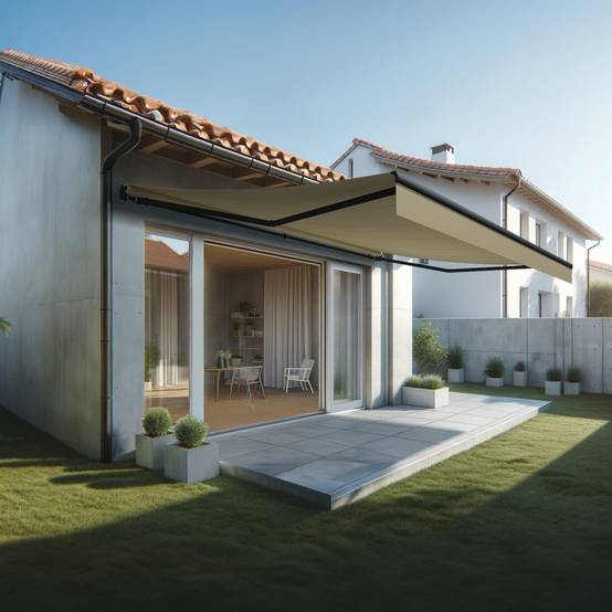Store banne monobloc ESPAI 6,00x3,50m (Motorisé à interrupteur + manœuvre de secours - Ecru - Gris anthracite) - Alia Productions - Imagen 1