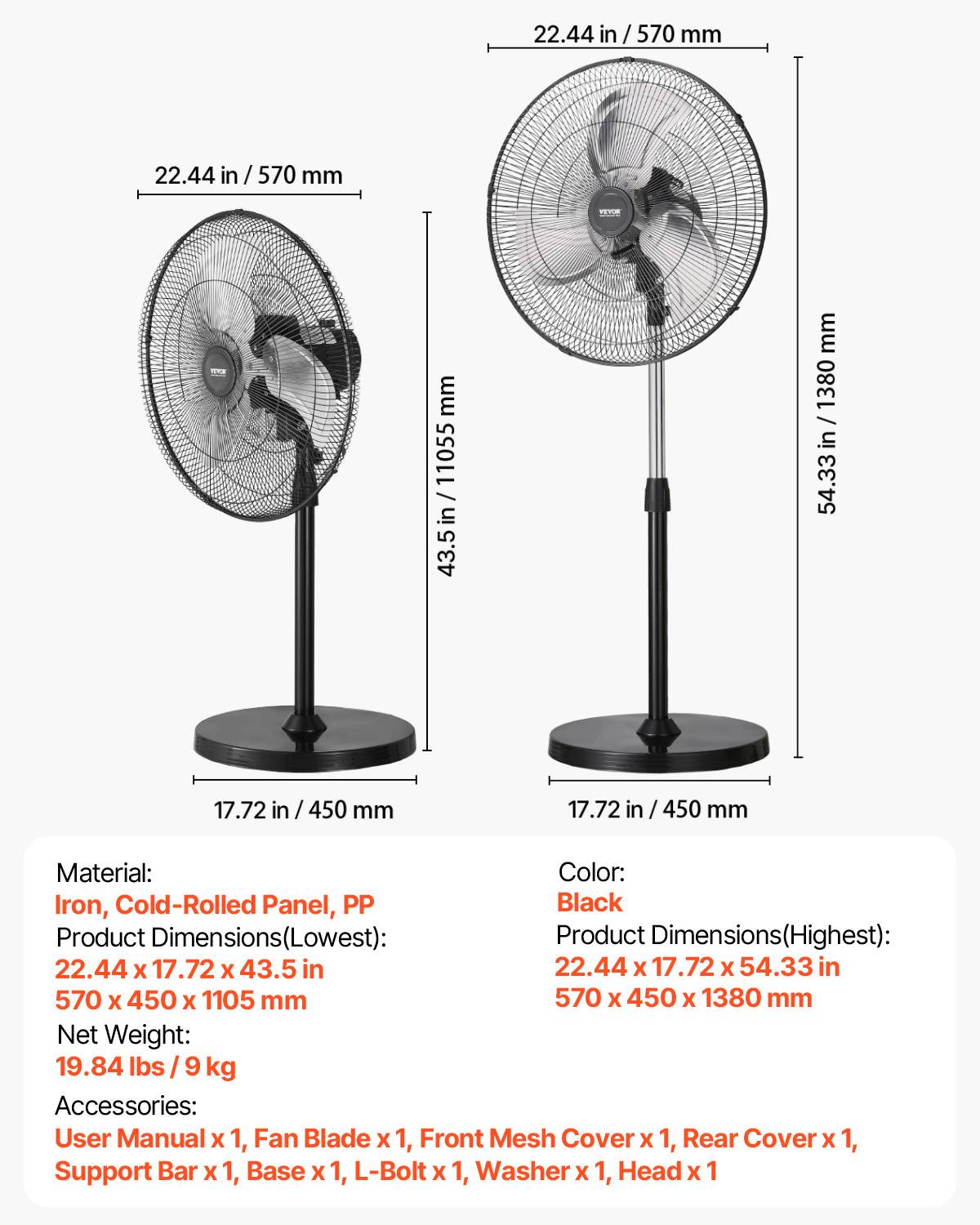 VEVOR Ventilateur pied industriel 450 mm, oscillant 90°, 5400 CFM, noir. - Image 7