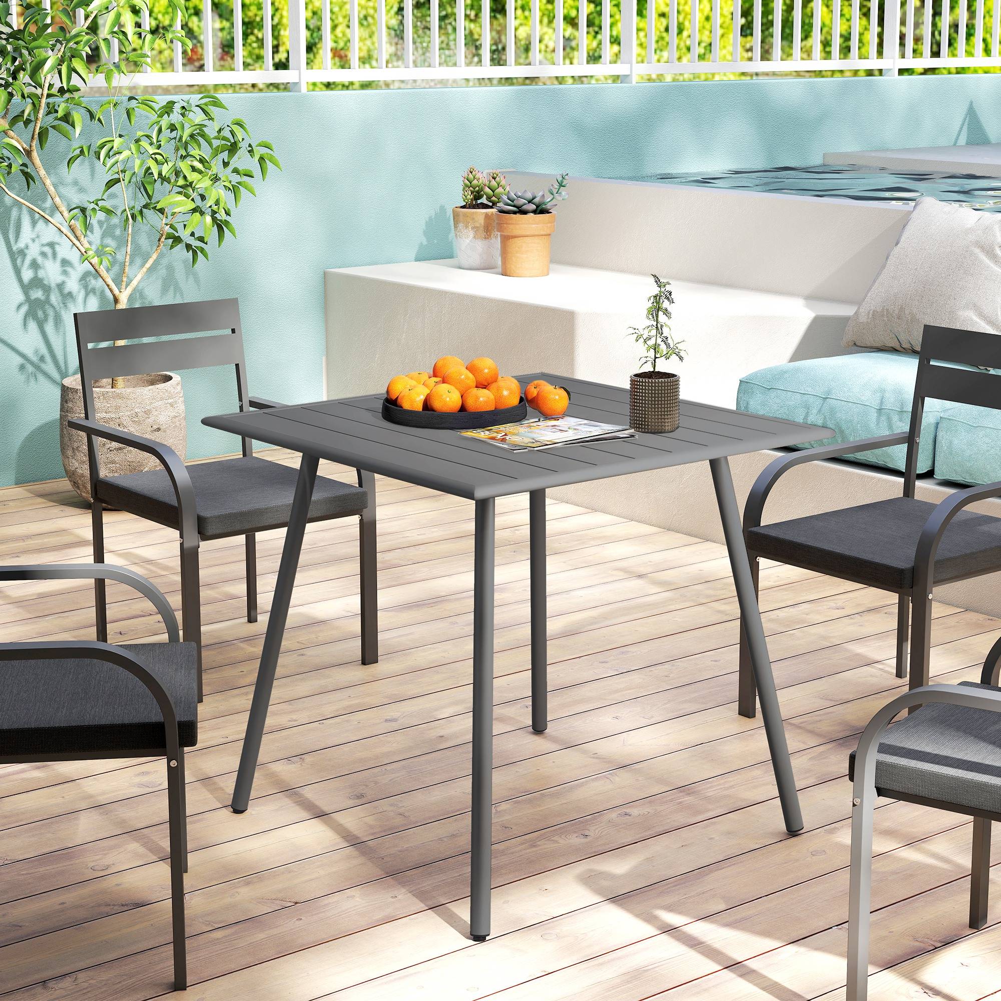Outsunny - Table à manger de jardin 4 personnes dim. 80 x 80 x 74 cm plateau à lattes acier époxy gris - Image 5