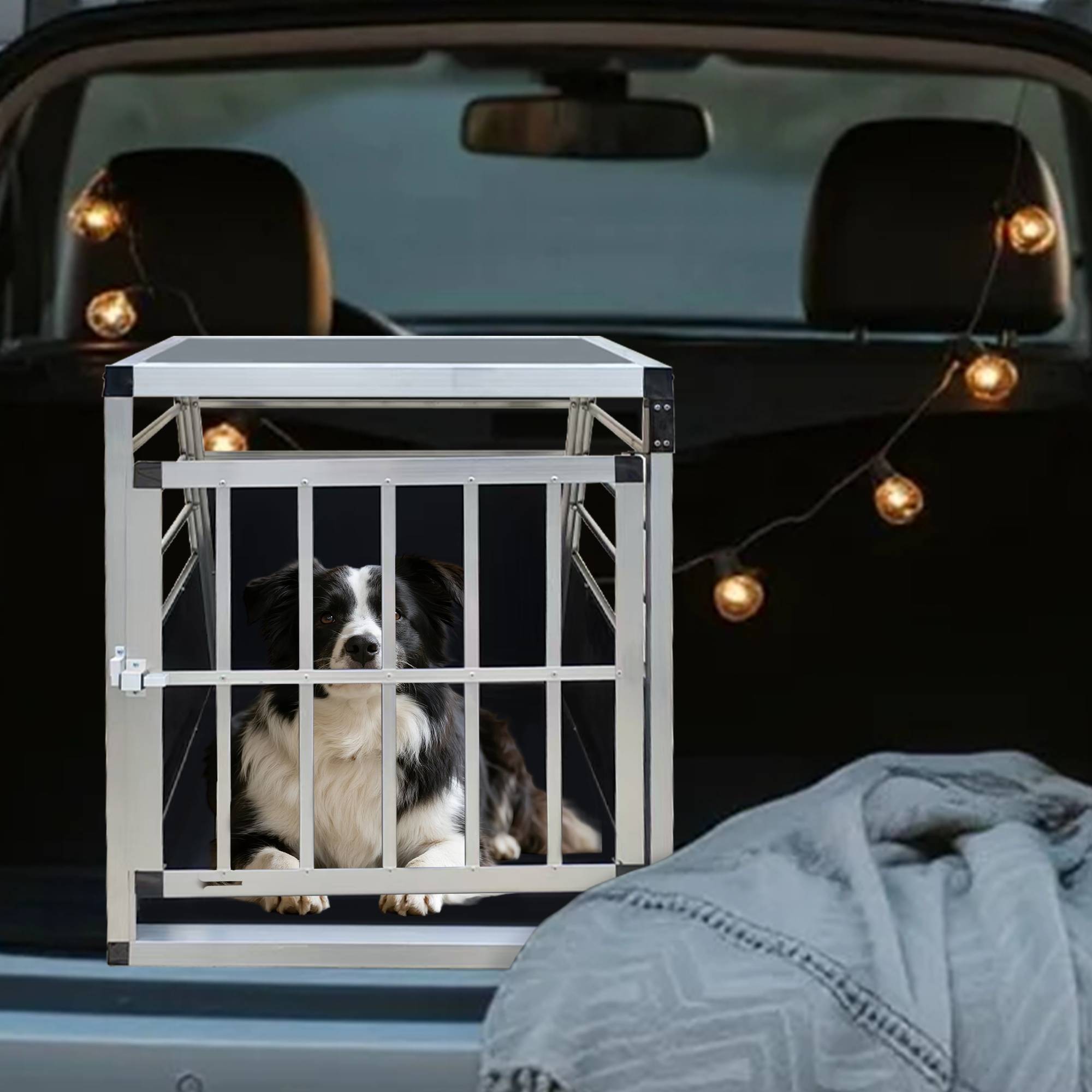 Cage transport chien Aluminium grande taille forme trapèze pour coffre voiture Noir – ComfortXL Outdoor Living - Image 1