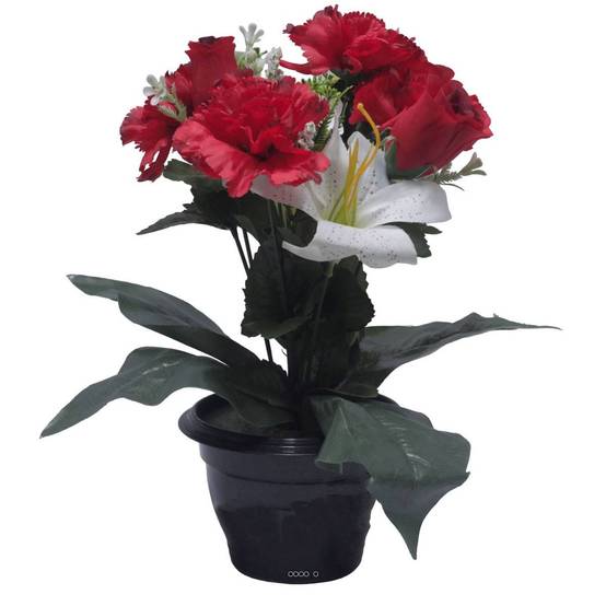 Pot pour Tombe d'oeillet, Lys tigré et mini fleurs Rouge artificiels - Toussaint - couleur: Rouge - Image 1