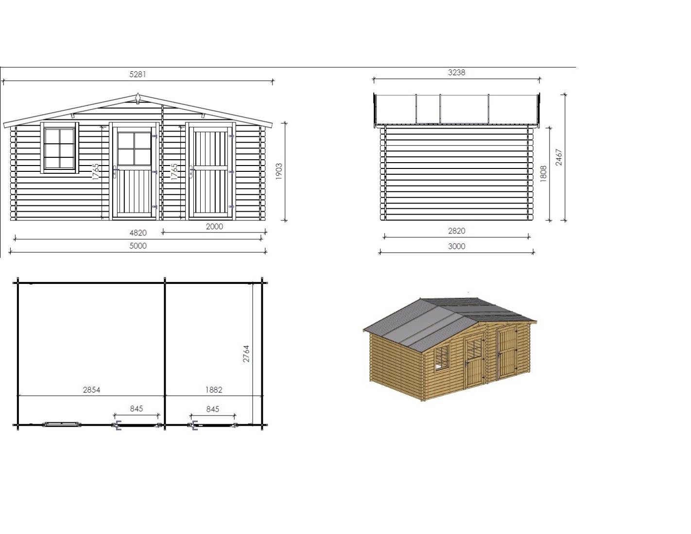 Altanka - Abri de jardin en bois - 5x3 m + terrasse avec balustrade et avant-toit en bois - 35 m2 - DOM578+DOM600+DOM601+POD04 - ALTANKA - Imagen 2