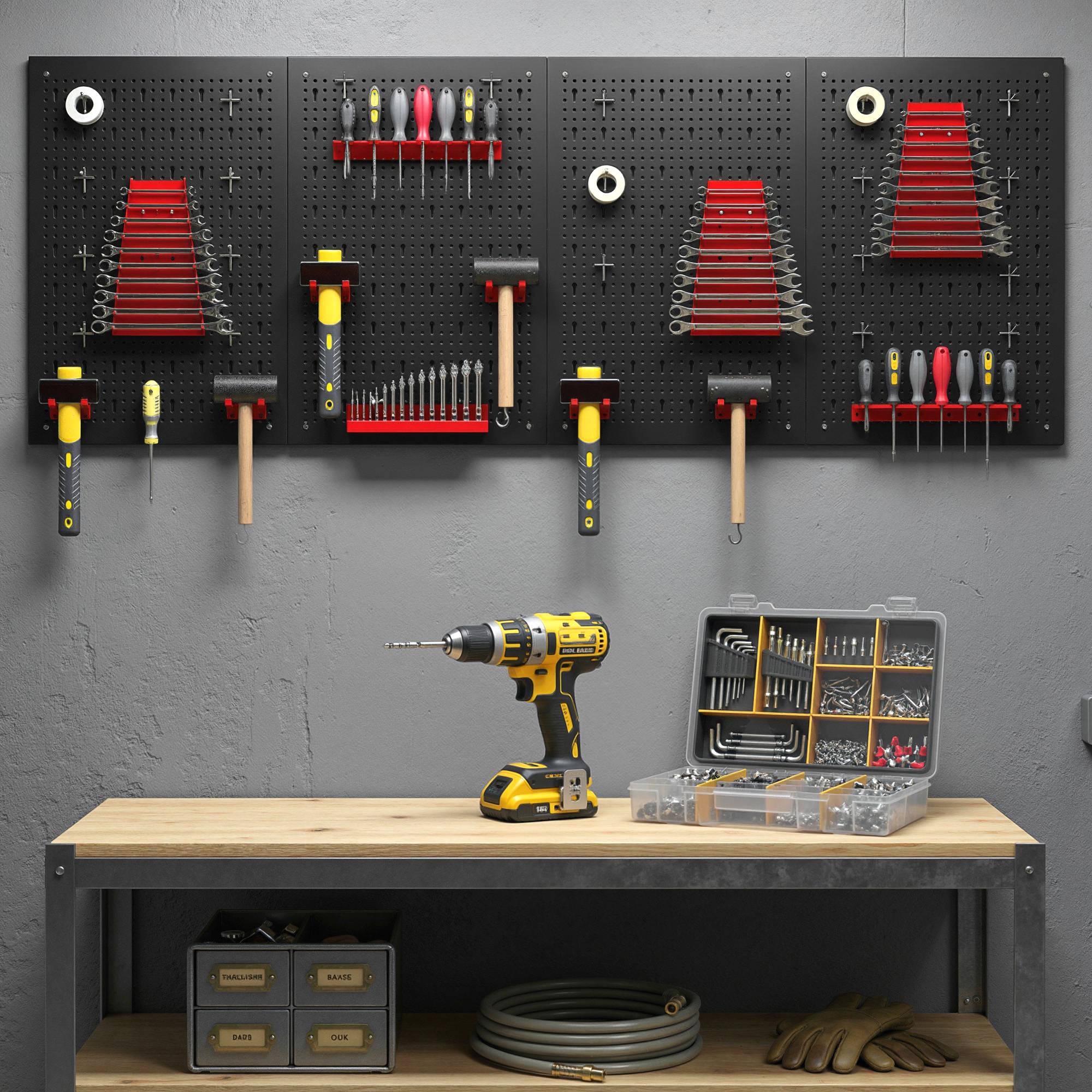 Sans Marque - Etagère murale système de rangement 60 x 40 cm, 38 pièces. Etagère goulotte avec crochets, étagères, caissons de rangement visibles, noir+rouge - Image 9