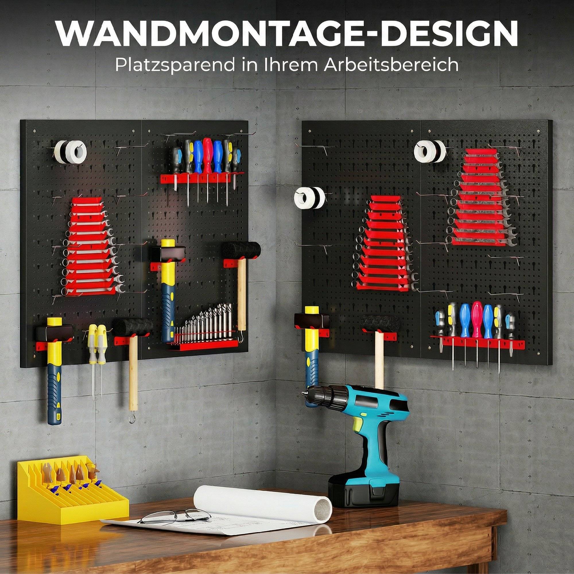 Sans Marque - Etagère murale système de rangement 60 x 40 cm, 38 pièces. Etagère goulotte avec crochets, étagères, caissons de rangement visibles, noir+rouge - Image 8