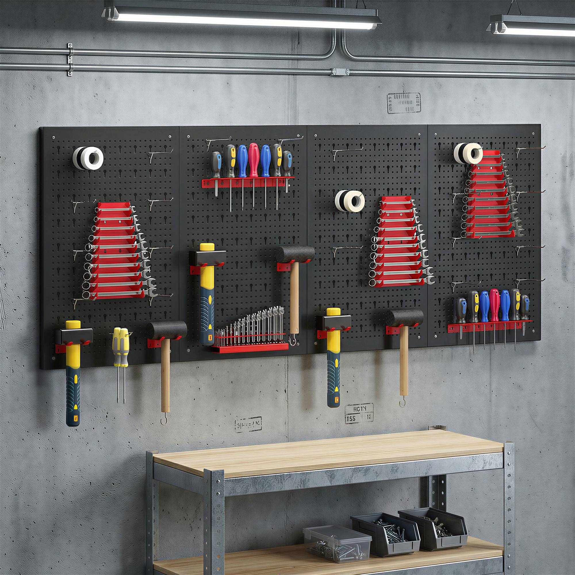 Sans Marque - Etagère murale système de rangement 60 x 40 cm, 38 pièces. Etagère goulotte avec crochets, étagères, caissons de rangement visibles, noir+rouge - Image 3