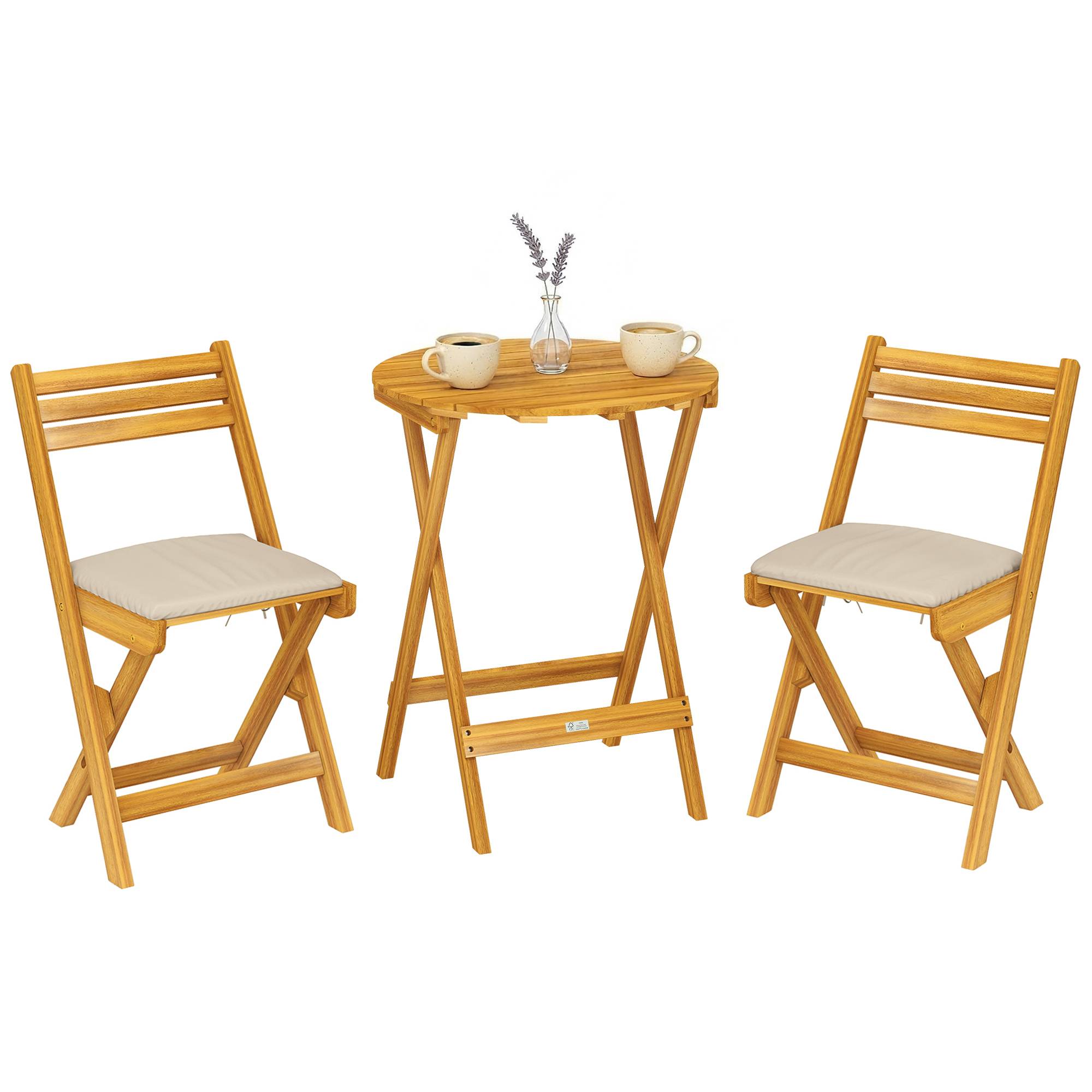 ComfortXL - Salon de balcon pliable en bois d’acacia avec coussins beiges pour 2 personnes - ComfortXL Outdoor Living