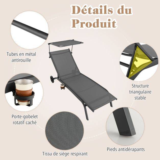 Helloshop26 - Bain de soleil inclinable à dossier 6 niveaux charge 150 kg chaise longue jardin extérieur avec roues auvent transat jardin extérieur gris - Imagen 3