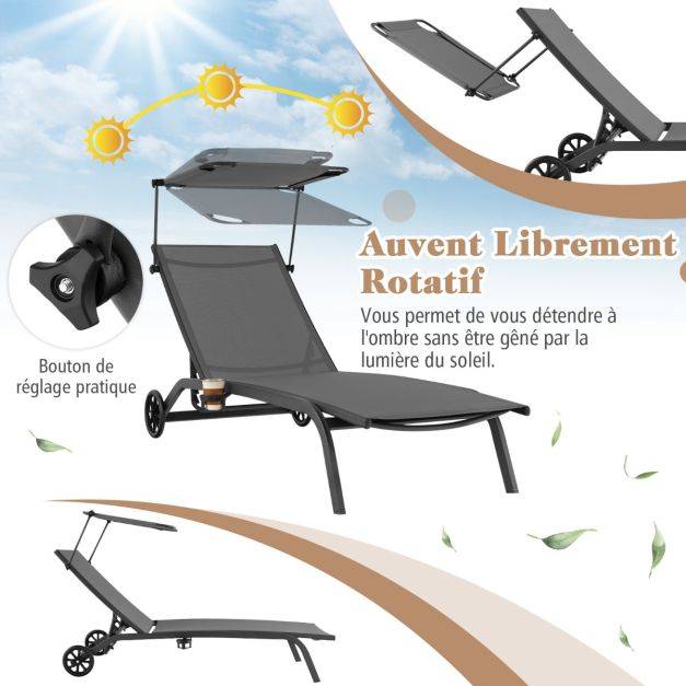 Helloshop26 - Bain de soleil inclinable à dossier 6 niveaux charge 150 kg chaise longue jardin extérieur avec roues auvent transat jardin extérieur gris - Imagen 4