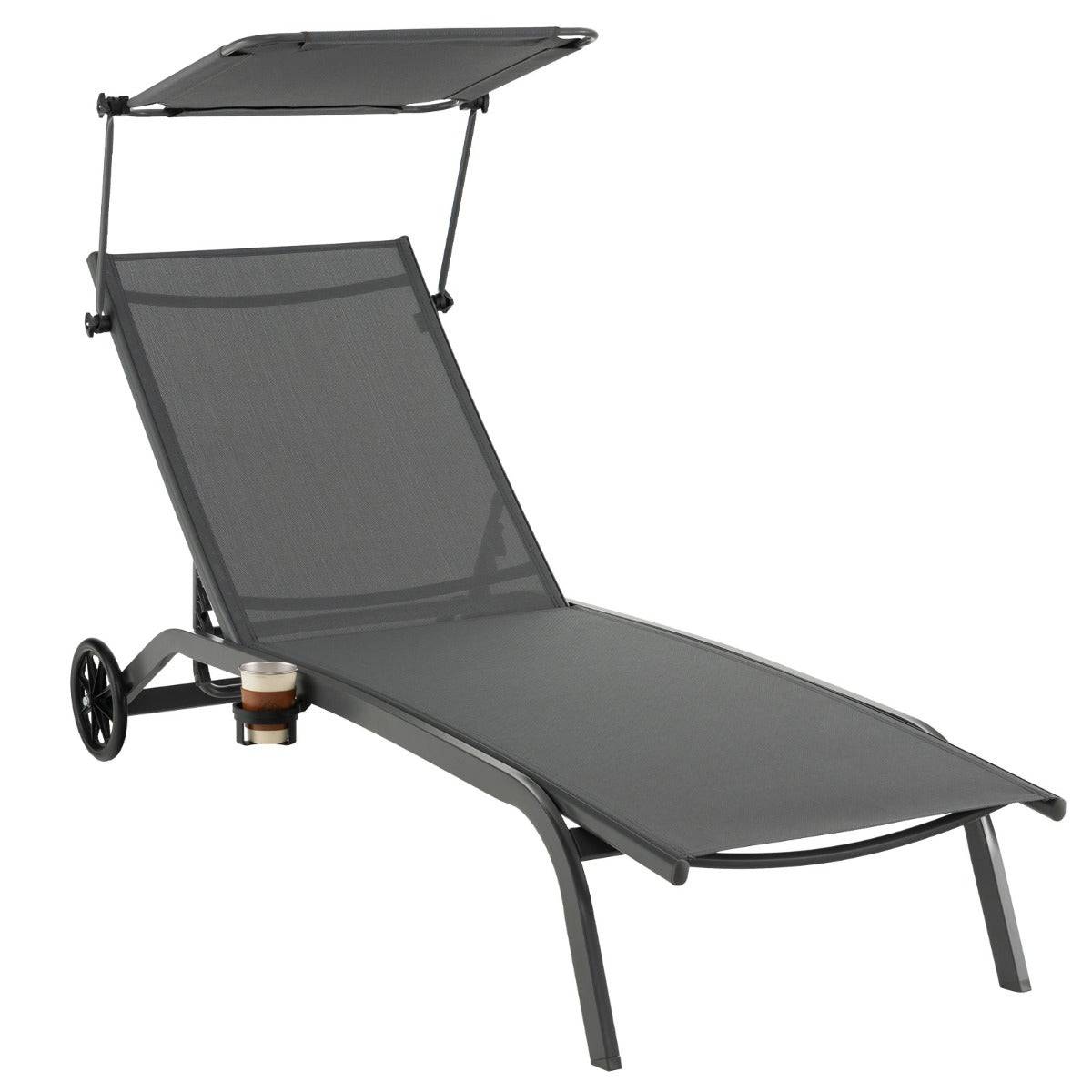 Helloshop26 - Bain de soleil inclinable à dossier 6 niveaux charge 150 kg chaise longue jardin extérieur avec roues auvent transat jardin extérieur gris - Imagen 1