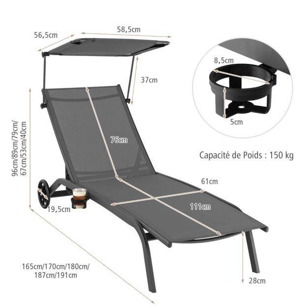 Helloshop26 - Bain de soleil inclinable à dossier 6 niveaux charge 150 kg chaise longue jardin extérieur avec roues auvent transat jardin extérieur gris - Imagen 6