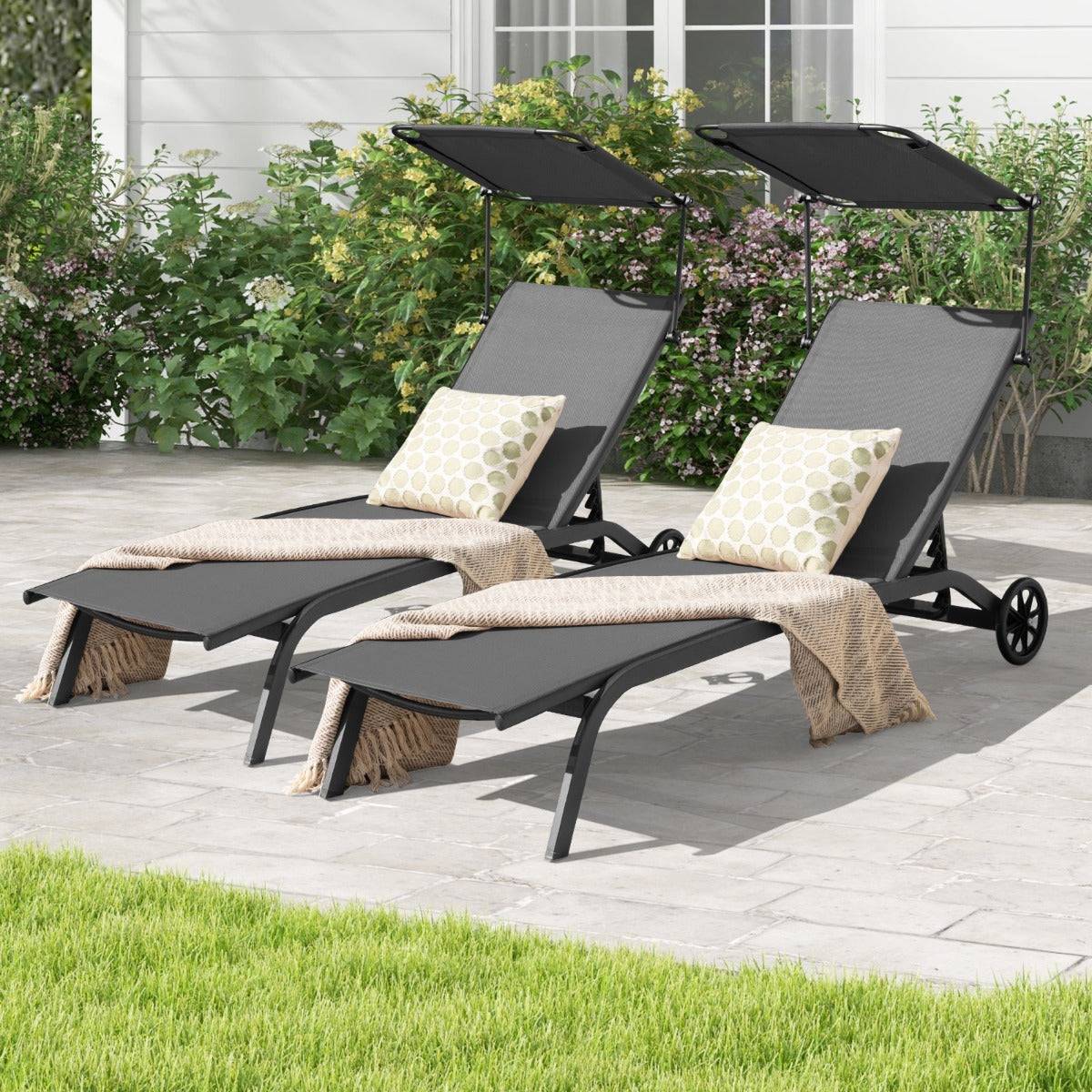 Helloshop26 - Bain de soleil inclinable à dossier 6 niveaux charge 150 kg chaise longue jardin extérieur avec roues auvent transat jardin extérieur gris - Imagen 2