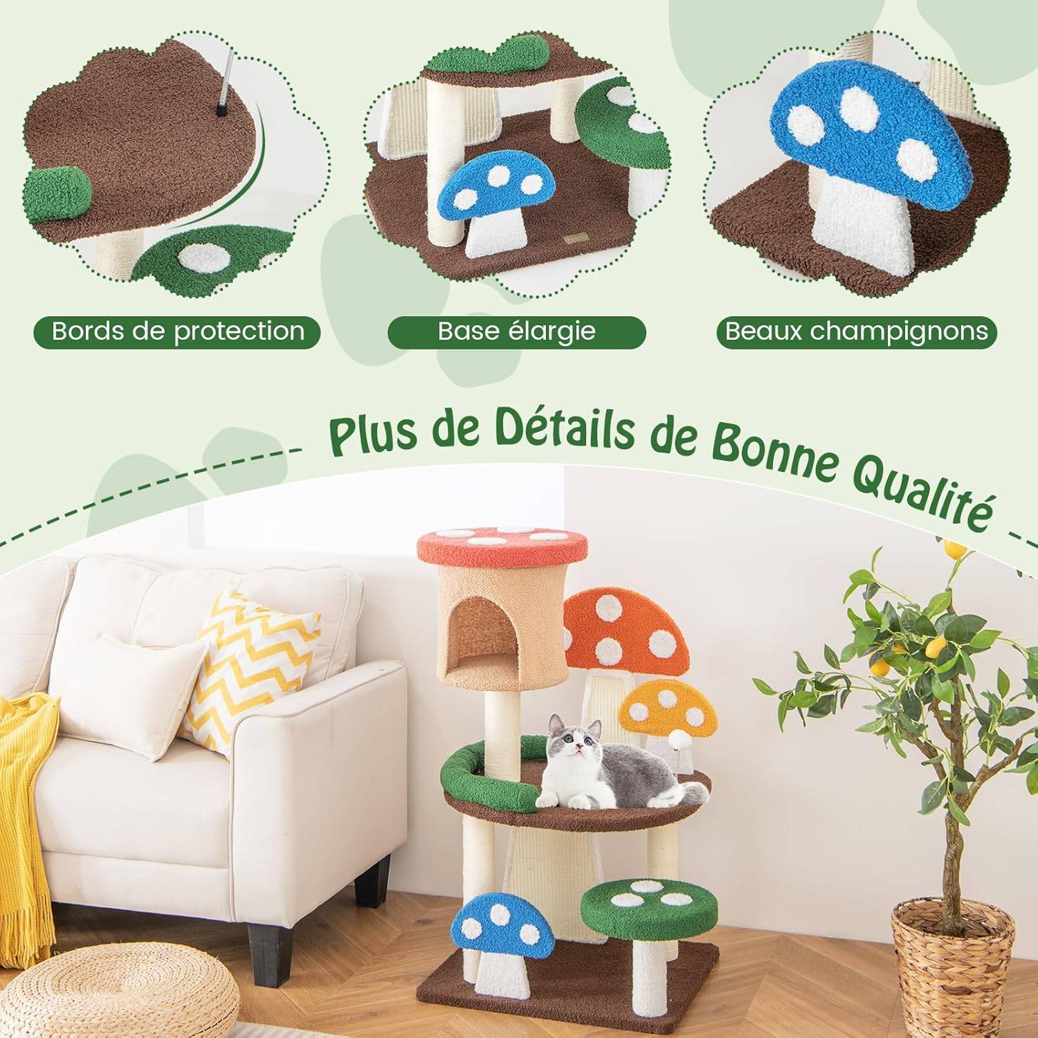COSTWAY Arbre à Chat Mignon en Forme de Champignon, Tour à Chat 4 en 1 avec Condo et Griffoir en Sisal, Charge 10 KG Chaque Couche(102 CM) - Image 7