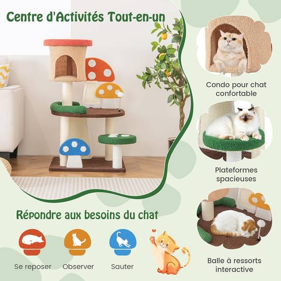 COSTWAY Arbre à Chat Mignon en Forme de Champignon, Tour à Chat 4 en 1 avec Condo et Griffoir en Sisal, Charge 10 KG Chaque Couche(102 CM) - Image 4