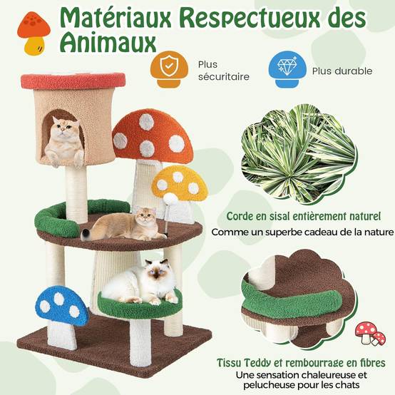COSTWAY Arbre à Chat Mignon en Forme de Champignon, Tour à Chat 4 en 1 avec Condo et Griffoir en Sisal, Charge 10 KG Chaque Couche(102 CM) - Image 6