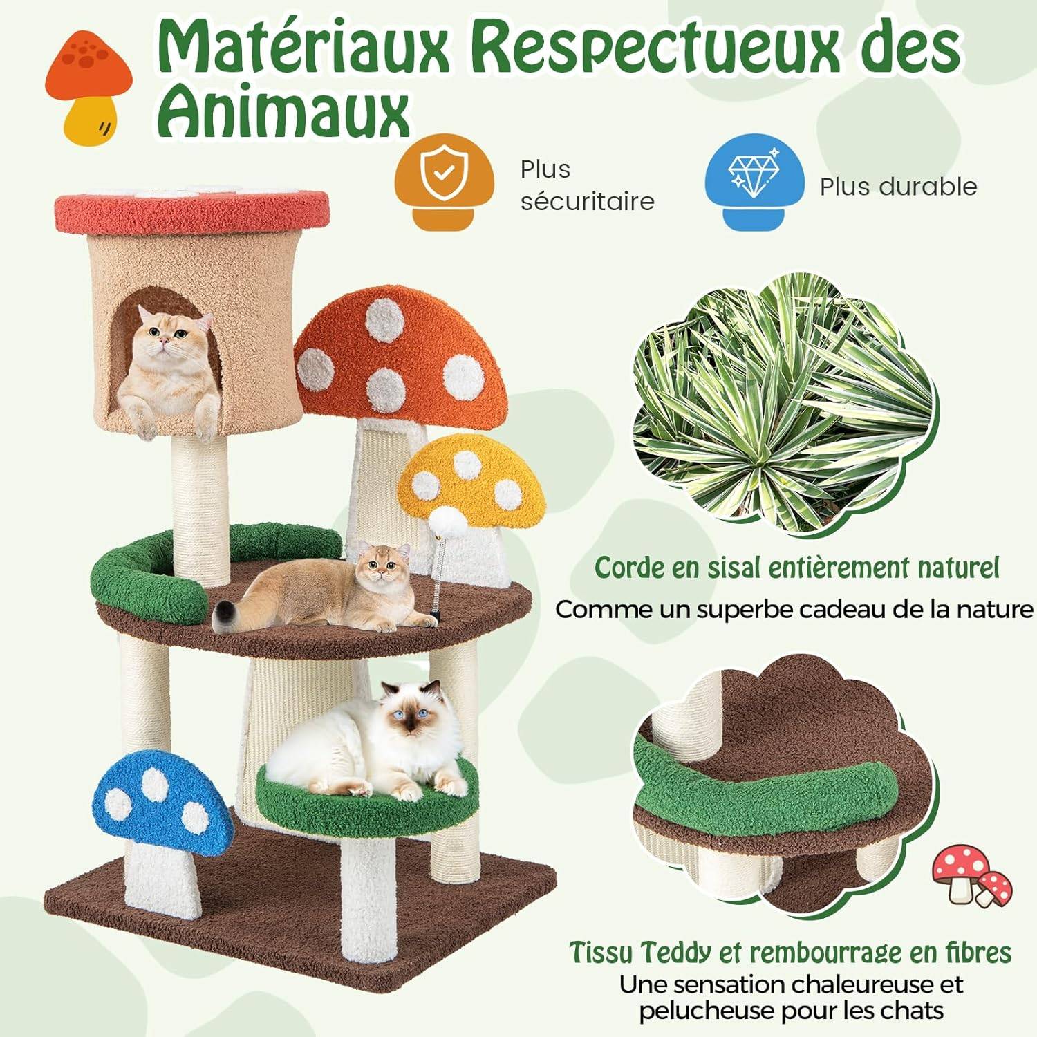 COSTWAY Arbre à Chat Mignon en Forme de Champignon, Tour à Chat 4 en 1 avec Condo et Griffoir en Sisal, Charge 10 KG Chaque Couche(102 CM) - Image 6