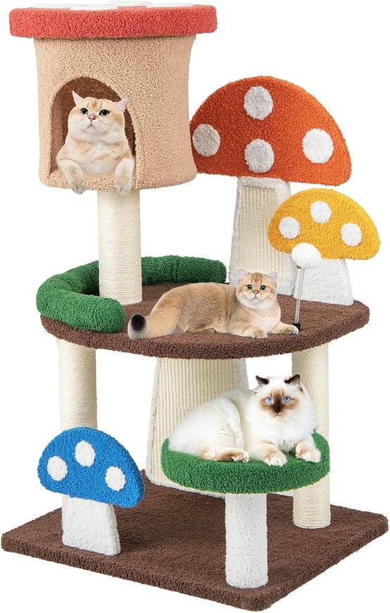 COSTWAY Arbre à Chat Mignon en Forme de Champignon, Tour à Chat 4 en 1 avec Condo et Griffoir en Sisal, Charge 10 KG Chaque Couche(102 CM) - Image 1