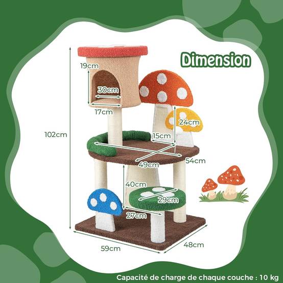 COSTWAY Arbre à Chat Mignon en Forme de Champignon, Tour à Chat 4 en 1 avec Condo et Griffoir en Sisal, Charge 10 KG Chaque Couche(102 CM) - Image 9