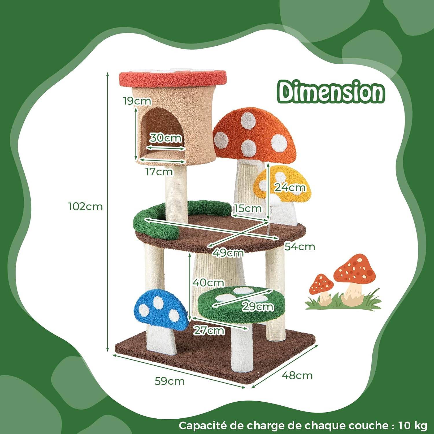 COSTWAY Arbre à Chat Mignon en Forme de Champignon, Tour à Chat 4 en 1 avec Condo et Griffoir en Sisal, Charge 10 KG Chaque Couche(102 CM) - Image 9